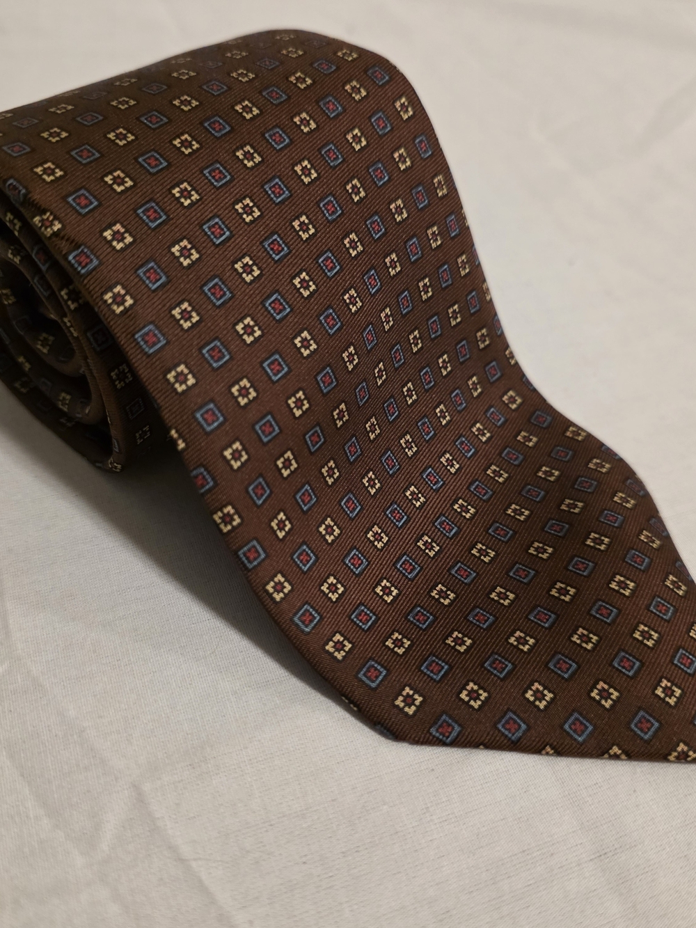 Vtg Kuppenheimer Silk Tie Brown W/ Tan & Blue Geometric Print 58"